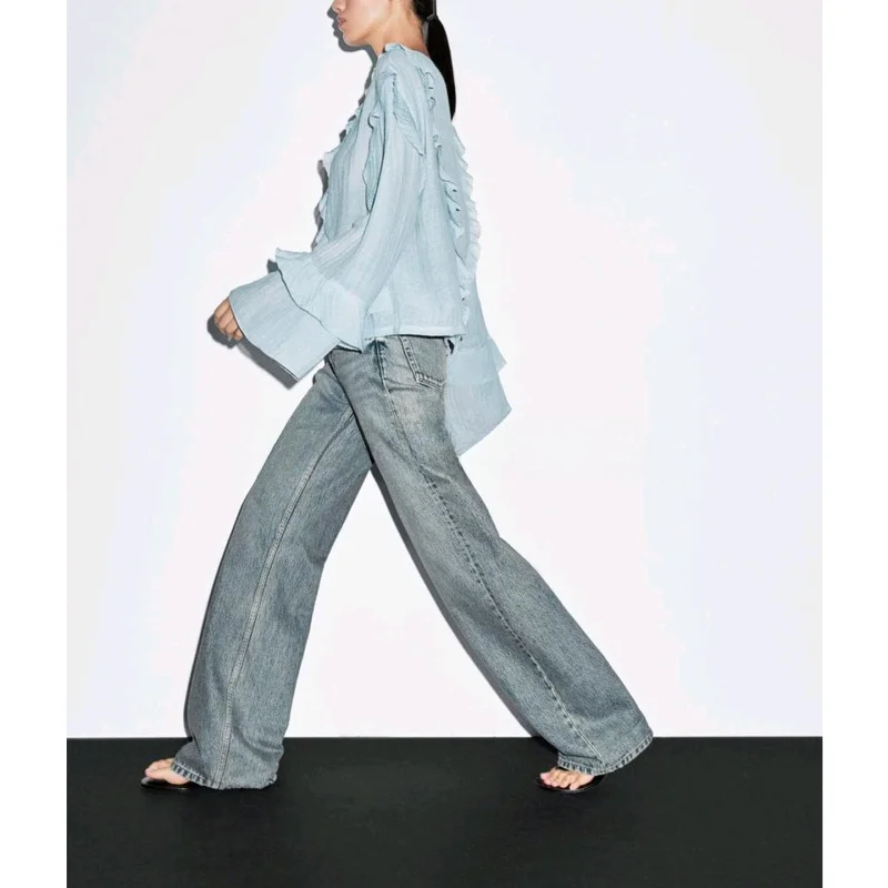 Design romantique Long Sve irt femmes haut Earlet dentelle garniture décontracté coupe ample Polyester respirant automne nouveau Sle 58400