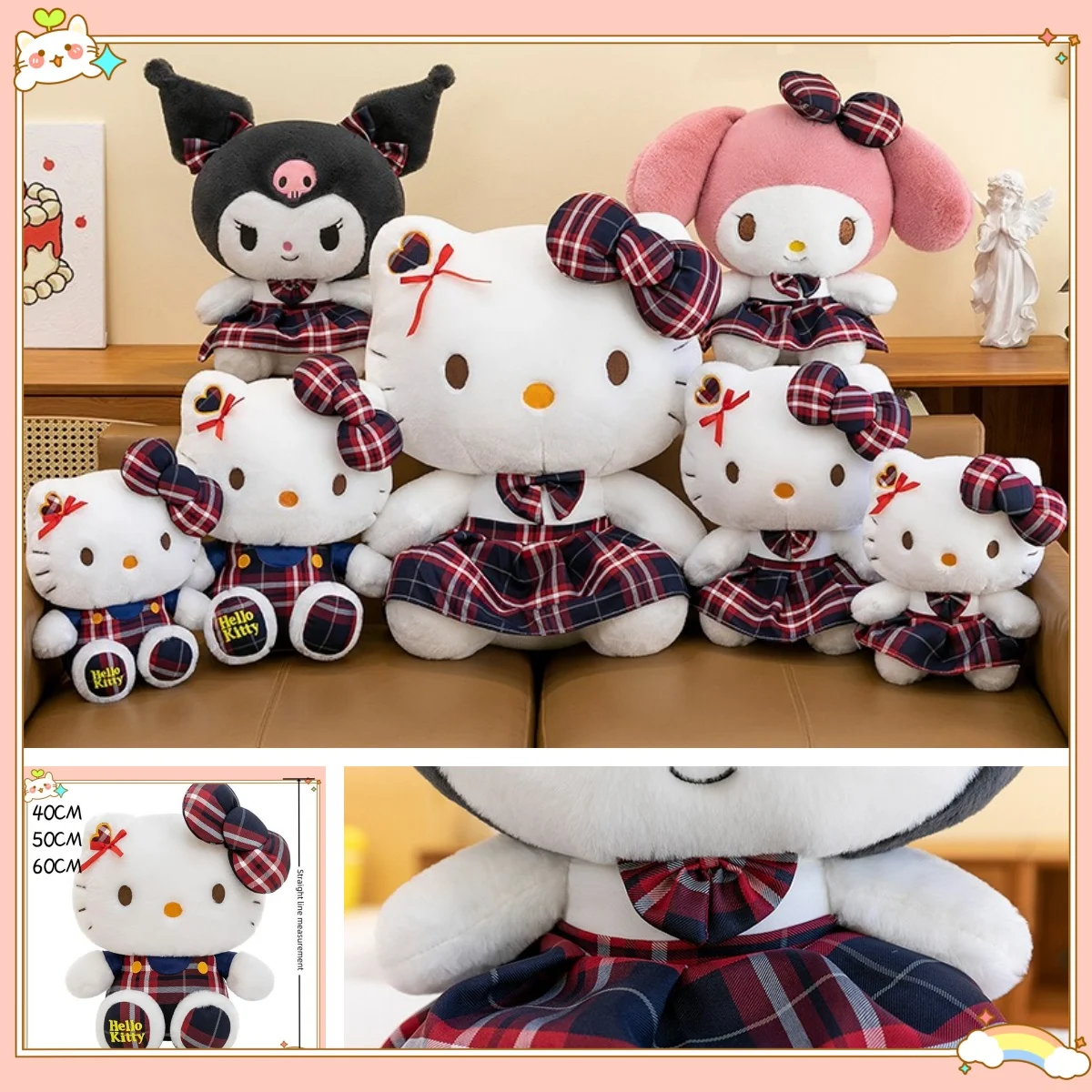 

Miniso New Kawaii Plaid Shirt Series Hello Kitty Plush Toys Throw Pillow Children's Dolls Give Friends Valentine's Day Gifts