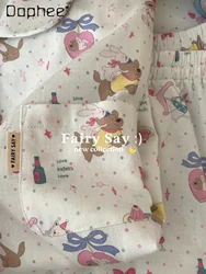 Cotton Sweet Loungewear Korean Fashion Cartoon Print Lapel Long Sleeve Pajama Sets Cute Girls Homewear 2025 Spring New