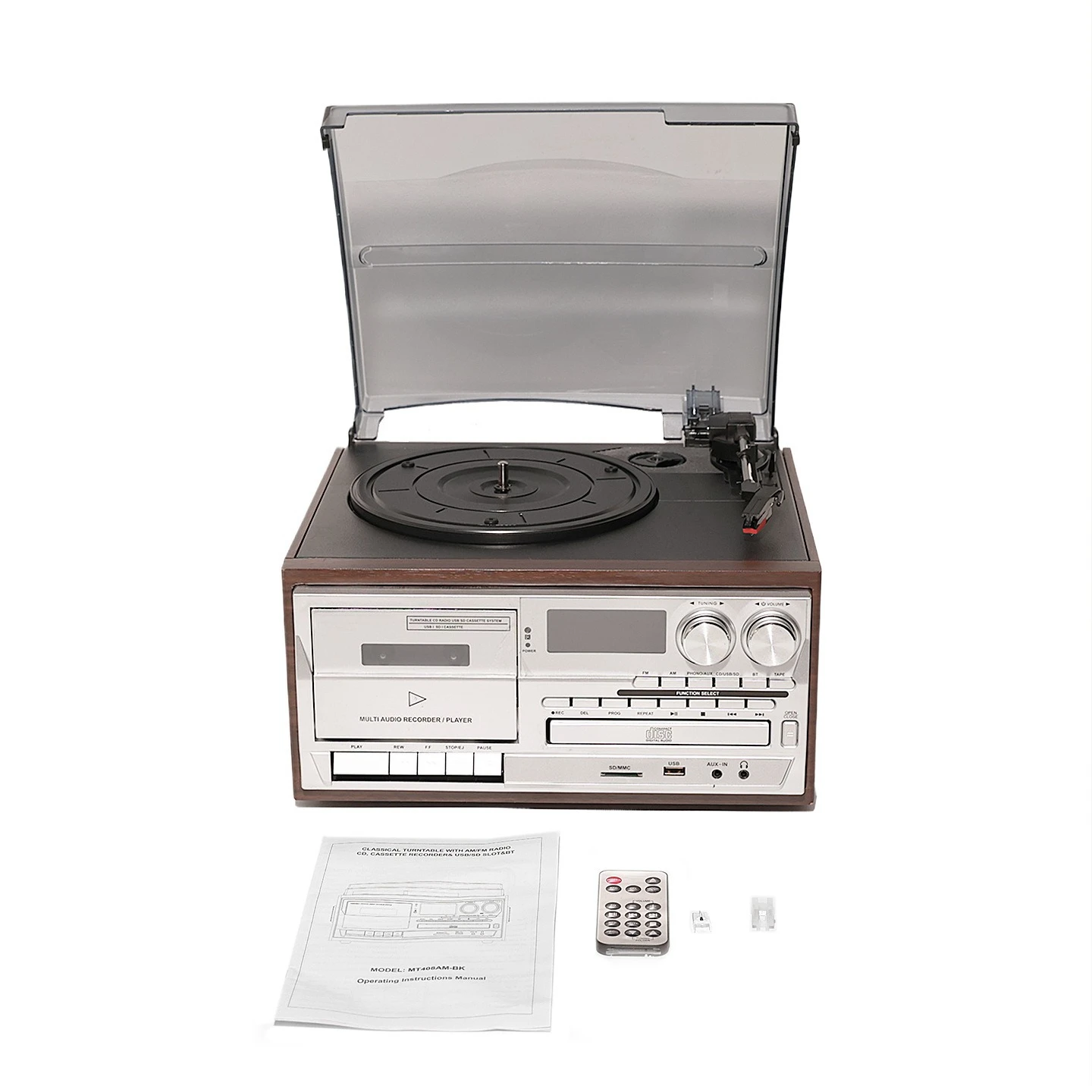Vinyl Record Player Retro 3‑Speed Turntable Phonograph AM/FM Radio CD Cassette Home Audio Player Indoor Use