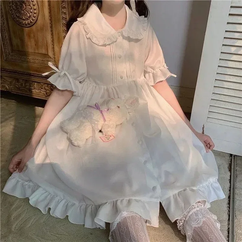 2025 Summer Kawaii Peter Pan Collar Cute Ruffle Puff Sleeve Drees Elegant Lady Dresses Japanese Sweet Girl Lolita Dress White