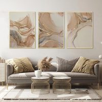 Set Of 3 Modern Abstract Beige Gold Pink Canvas Print Poster ,Fluid Wall Art Texture Painting Wall Picture,For Living Room Decor