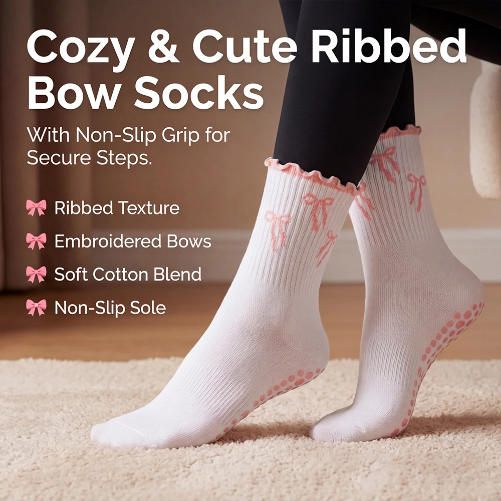 

Yoga Socks Women Cotton Bow Dot Silicone Non-slip Grip Pilates Crew Socks