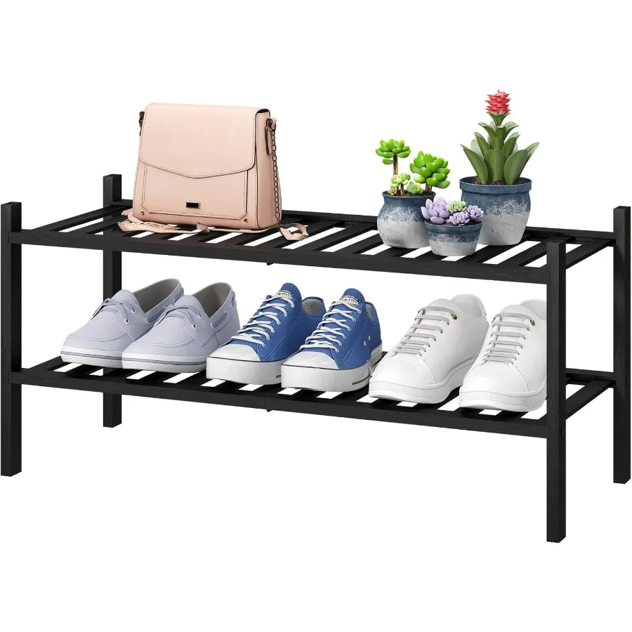 

2Tier Black Bamboo Shoe Rack for Entryway Stackable Foldable Natural Shoe Shelf Storage Organizer for Hallway Closet Free Stand