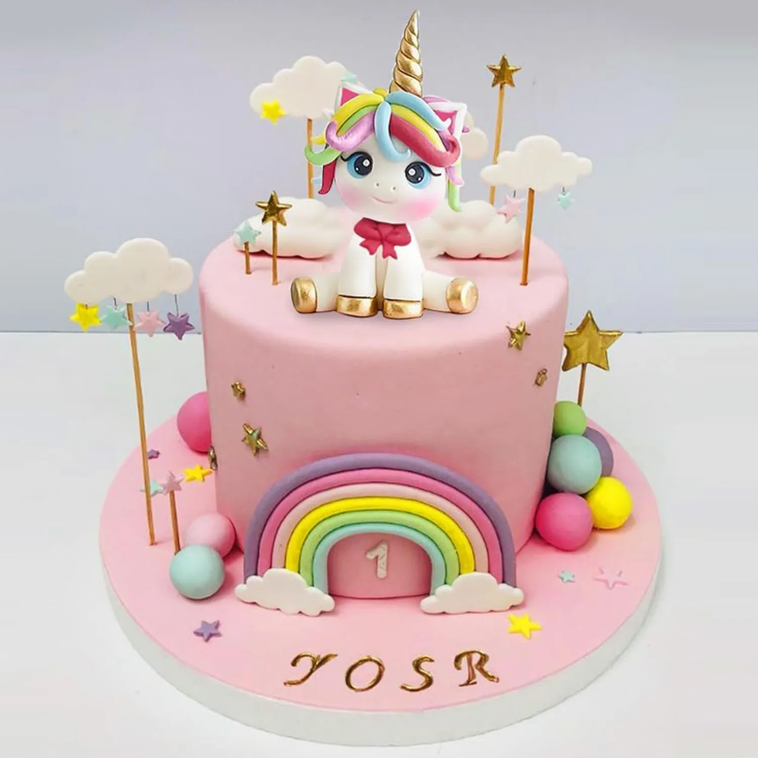 Unicorn Cake Topper, Unicorn Rainbow Cake Decorations with Rainbow Stars Unicorn Balls Happy Birthday Cake Decorations