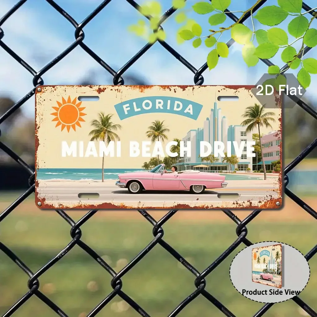 2D Flat, 1pc Vintage Florida License Plate - Retro Miami Beach Driving Plate with Palm Tree & Classic Convertible Car Design