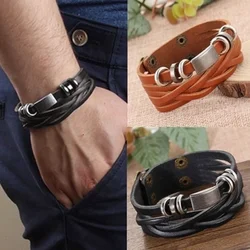 Mens Vintage Multilayer Braided Faux Leather Bangle Cuff Bracelet Wristband