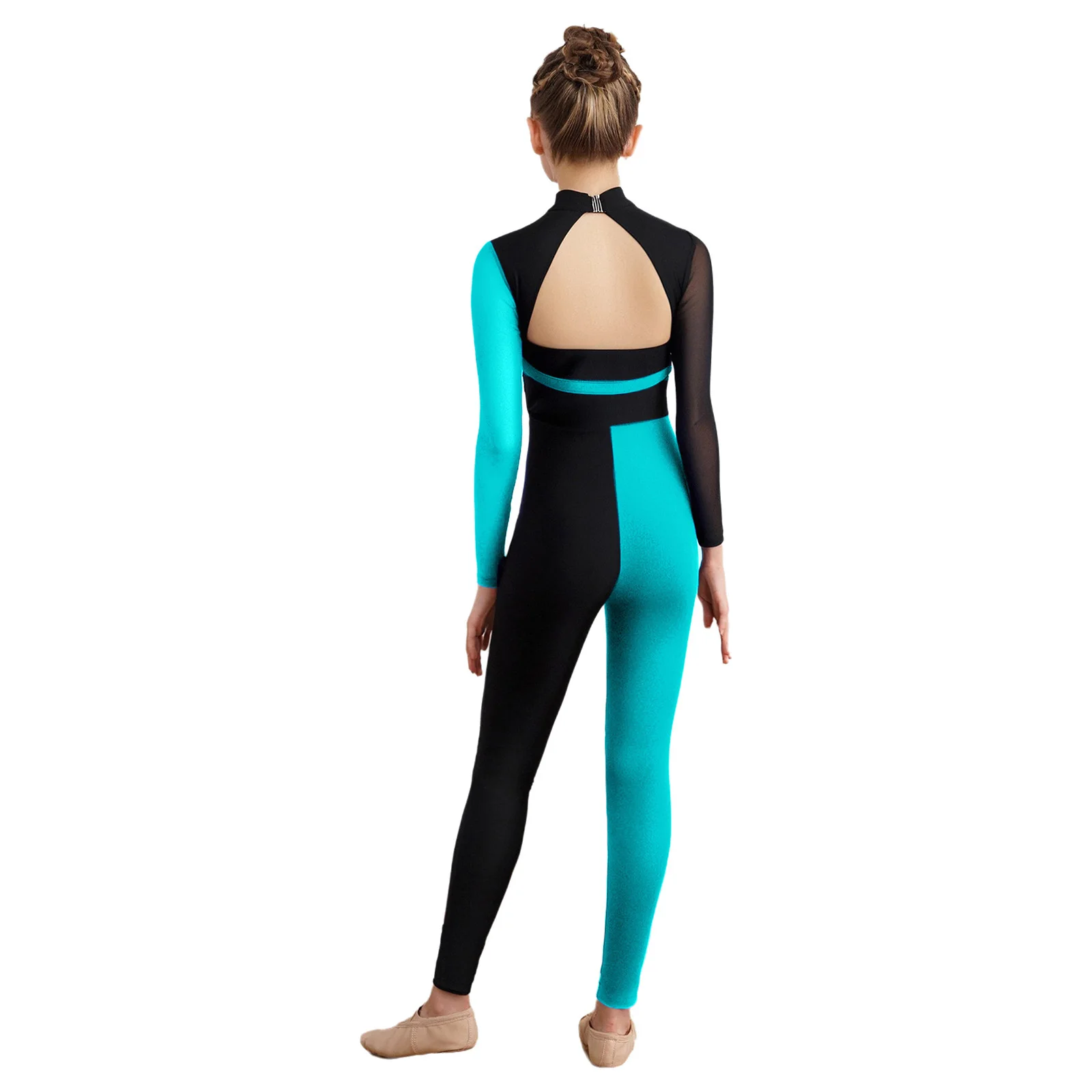 Combinaison de danse pour enfants filles, gymnastique, patinage artistique, paillettes brillantes, bloc de couleur, maille, manches longues, dos découpé, body de danse