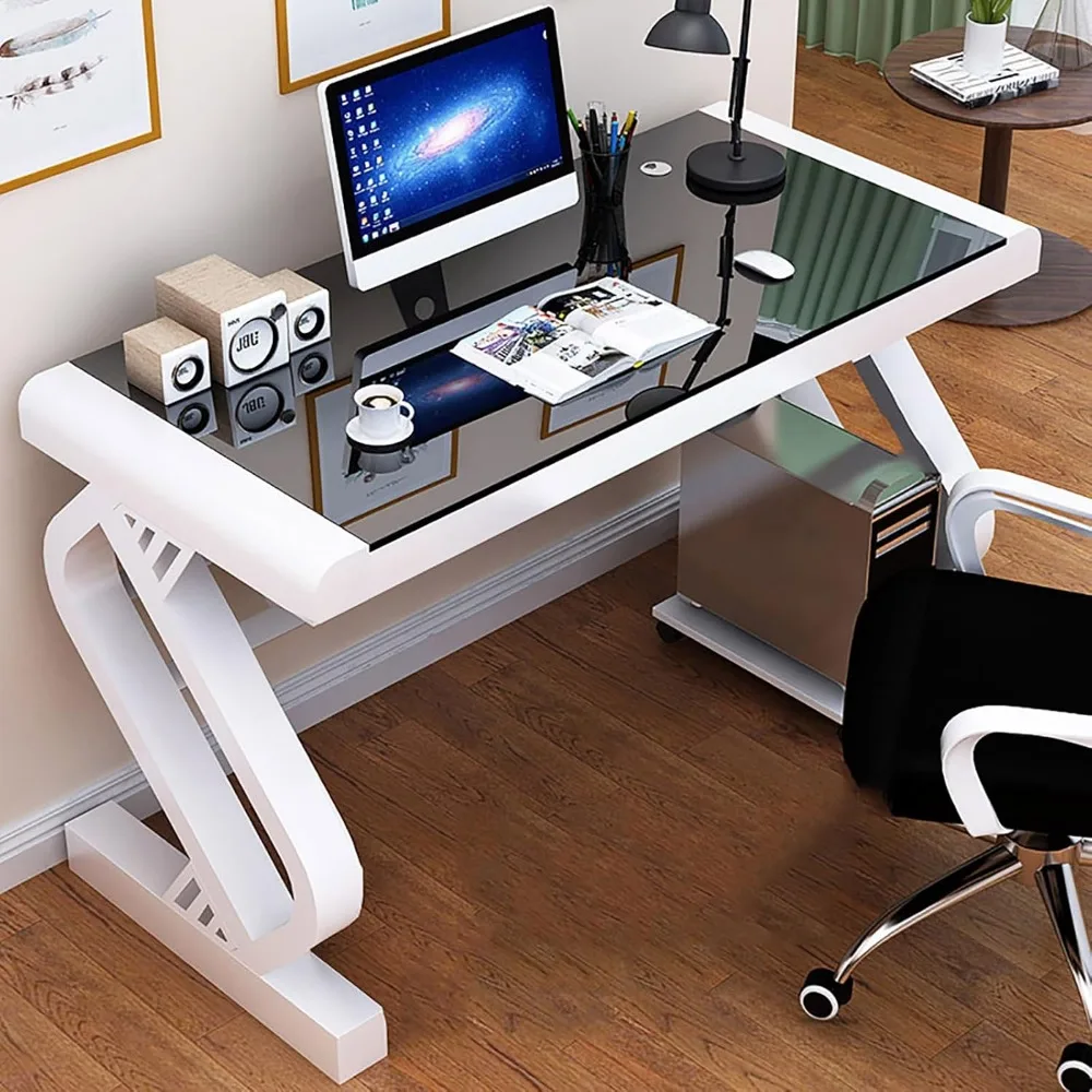 

Tempered Glass Computer Desk,Modern Office Desk with Glass Top & Z-Shaped Metal Frame,Sturdy Writing Desk Table Study Desk