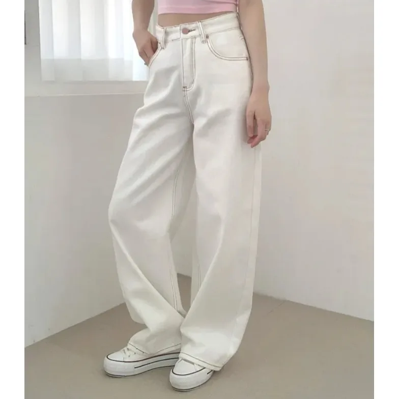 

Casual High Waist Straight Leg Jeans Embroidered Knot Loose Fit Denim Pants Bla Pink Blue Summer Autumn Winter