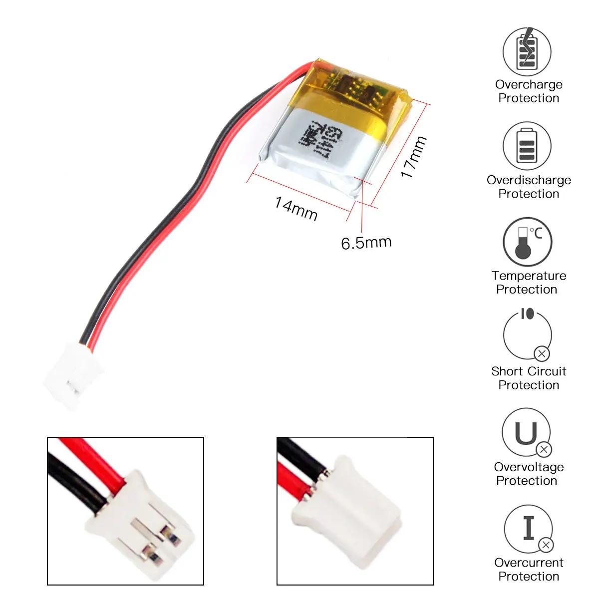 3.7V 75mAh 651417 Rechargeable Lipo Battery length 19mm