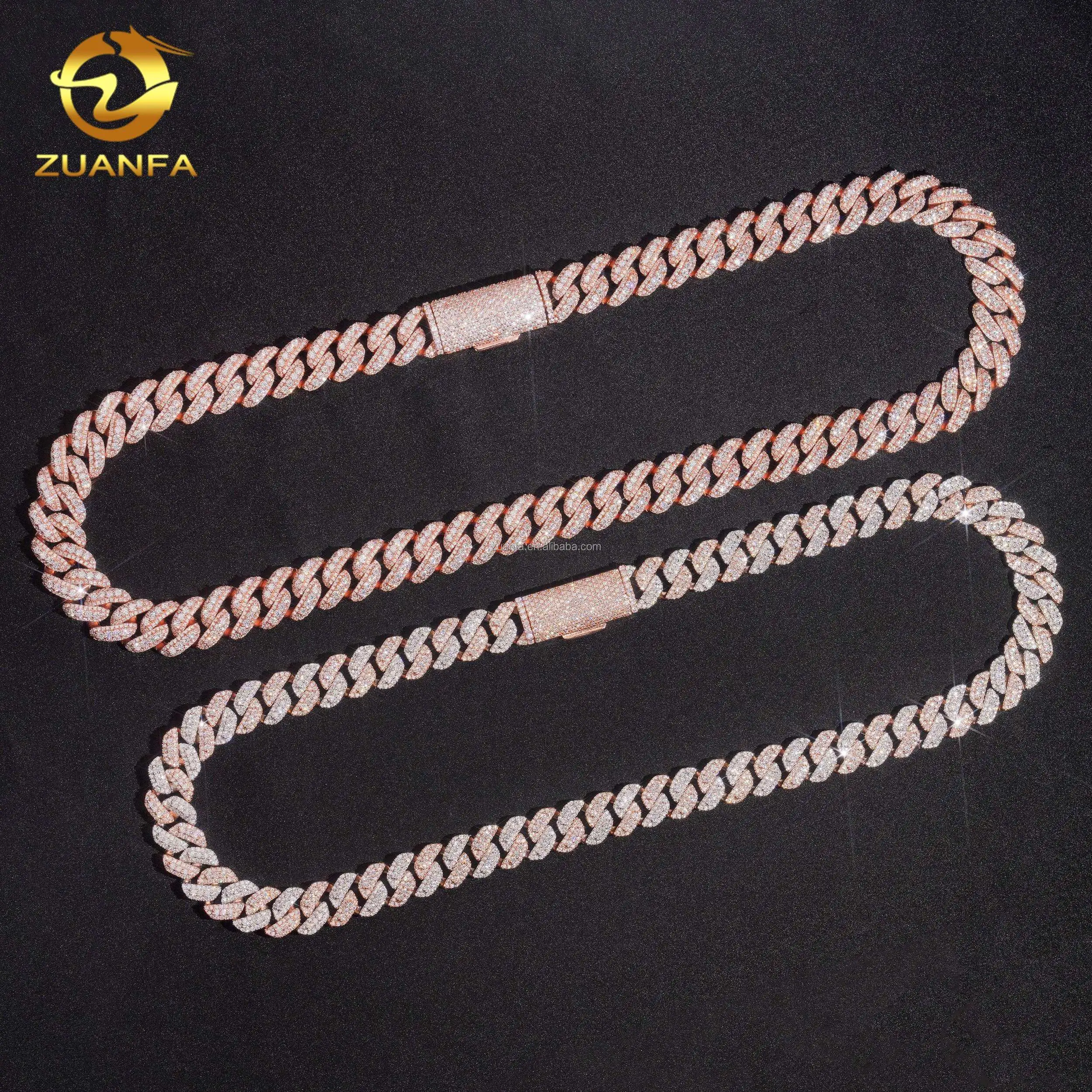 13mm 15mm Three Rows Unique Popular Design Iced Out Hip Hop Flawless S925 Sterling Silver Moissanite Diamond Cuban Link Chain，