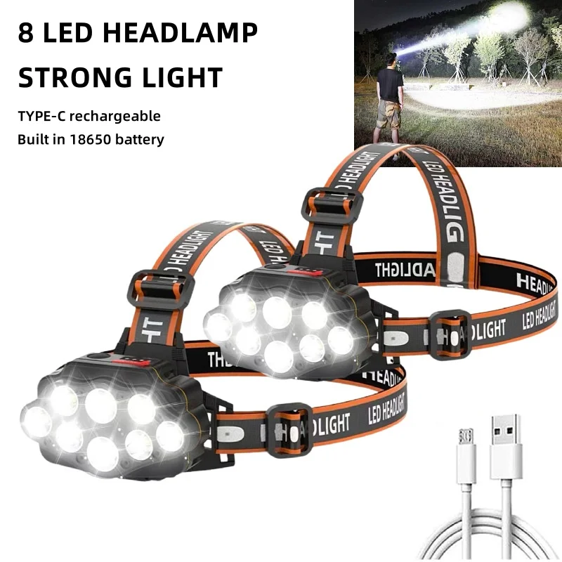 

8LED Powerful Rechargeable Head Flashlight for Fishing Led Headlamp Camping Headlights Hunting Torch Hiking Front Lanterns