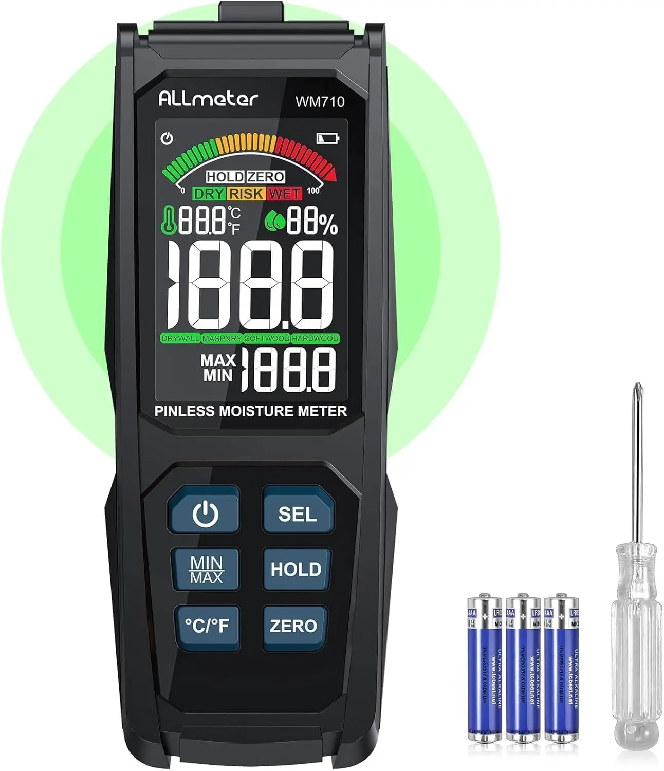 Misuratore di umidità senza pin con grande LCD retroilluminato, allarme a 3 colori, calibrazione zero, sonda di temperatura/umidità, non distruttivo per