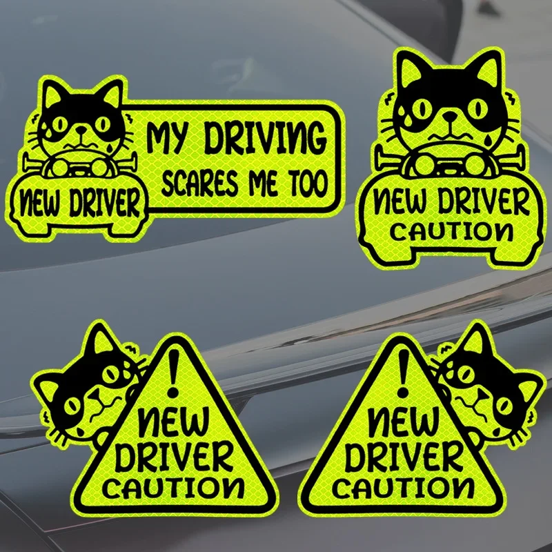 

Cartoon Novice Driver Reflective Sticker Car Accessories Gadget Car Sticker STUDENT NEW DRIVER CAUTION Warning Sticker