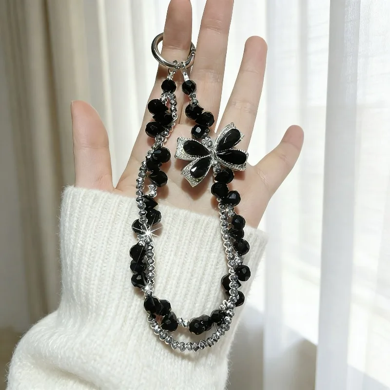 

Black Diamond Butterfly Rhyme Light Luxury Rhinestone Mobile Phone Lanyard, Flash Wrist Bag Keychain Pendant