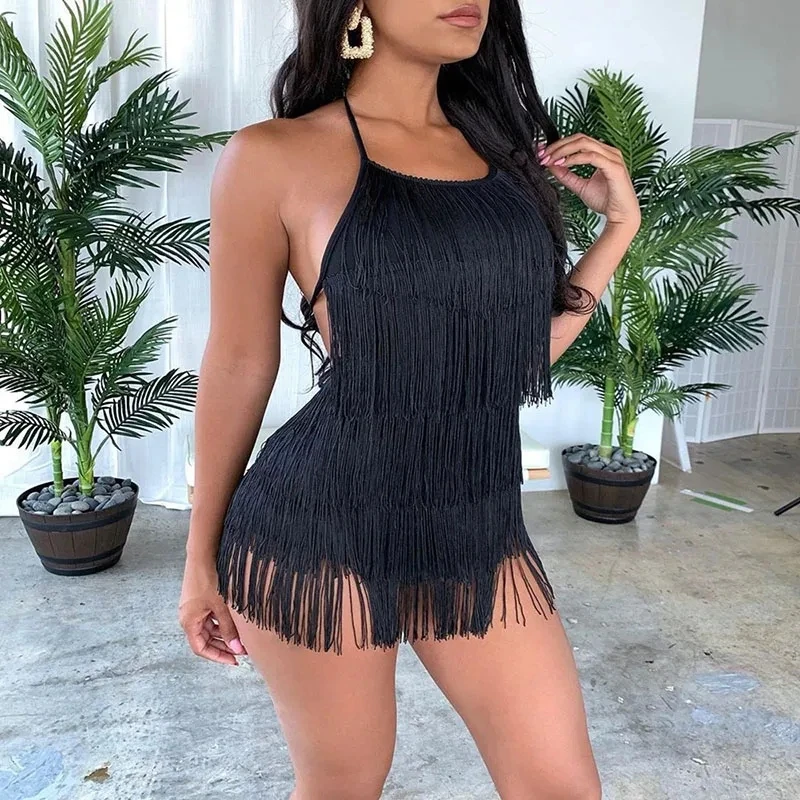 

High Street Fashion Backless Playsuits Sexy Hot Girl Sleeveless Hollow Out Tassel Romper Summer Pure Color Halter Mini Jumpsuits