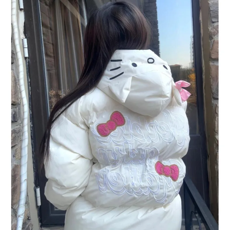 Sanrio Hello Kitty Sweet Cute Embroidered Cotton Coat For Women Winter New Trendy Casual Versatile Jacket Thick Warm Hooded Coat