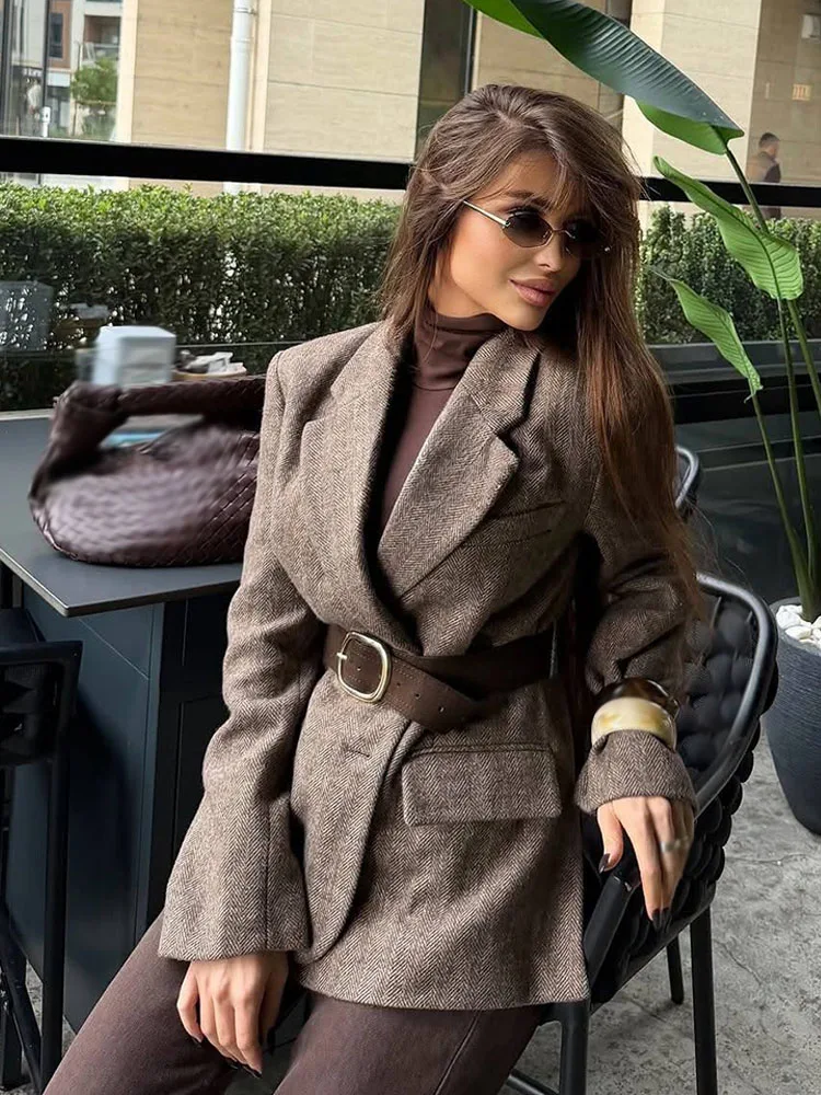 

HH весенние новые модные женские пиджаки, однотонные отложные воротники, длинные рукава, карманы, украшение на пояс, женские уличные пальто