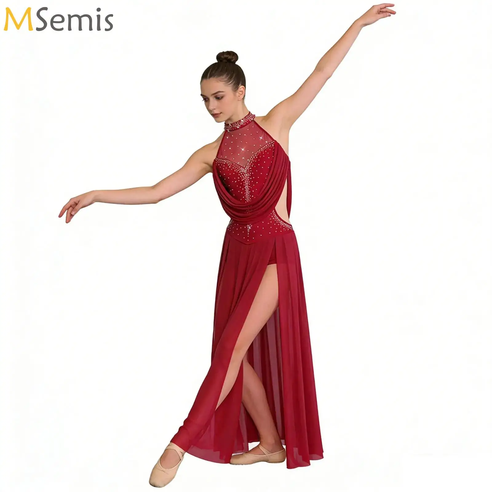 

Women Lyrical Dance Performance Costume Halter Sparkly Rhinestones Backless Build-in Briefs Maxi Long Dress for Modern Ballet