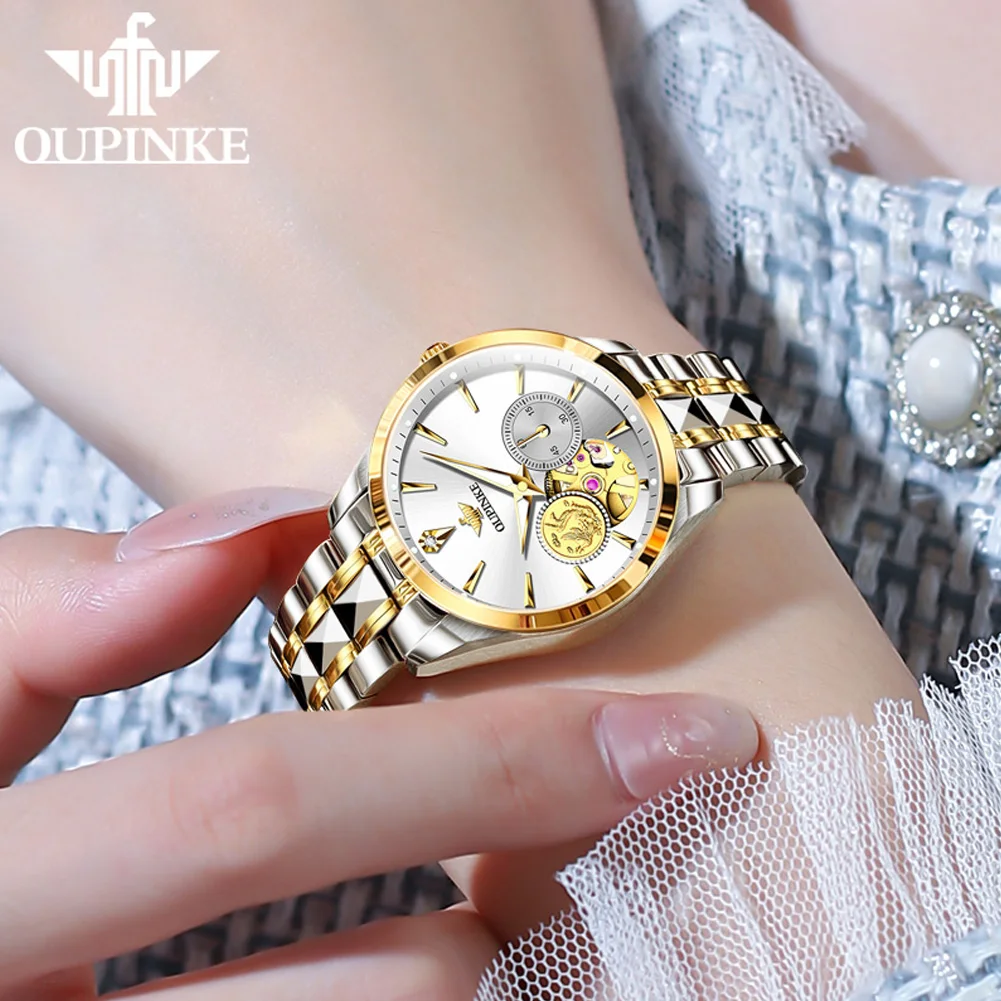 OUPINKE 3260 Real Diamond Mechanical Watch For Women Hollow Luxury Wristwatch Import Movement Waterproof Business Woman Watches