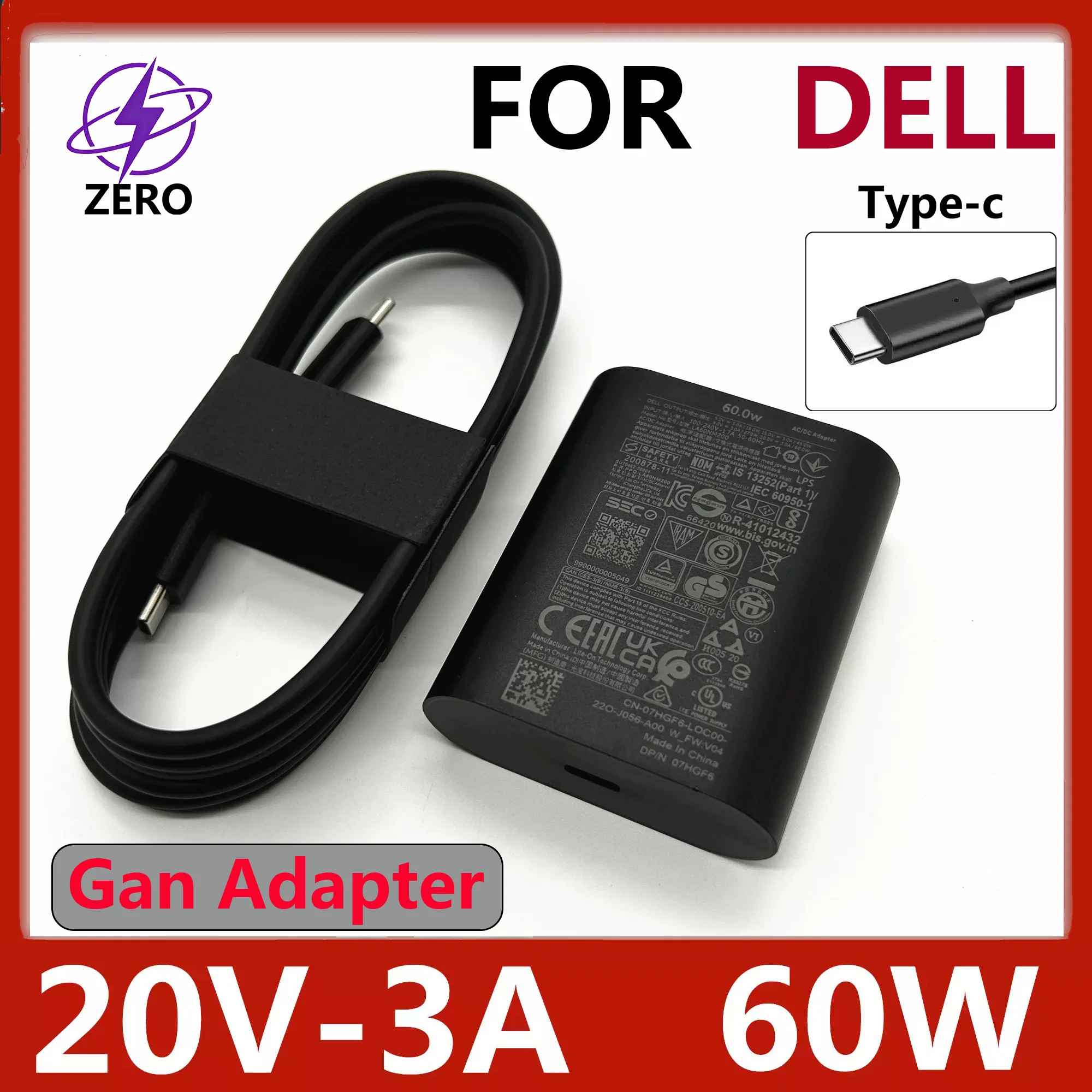 

Оригинальное зарядное устройство GaN USB-C Type-C 60W 20V 3A для ноутбуков Dell XPS 13 Plus 9320