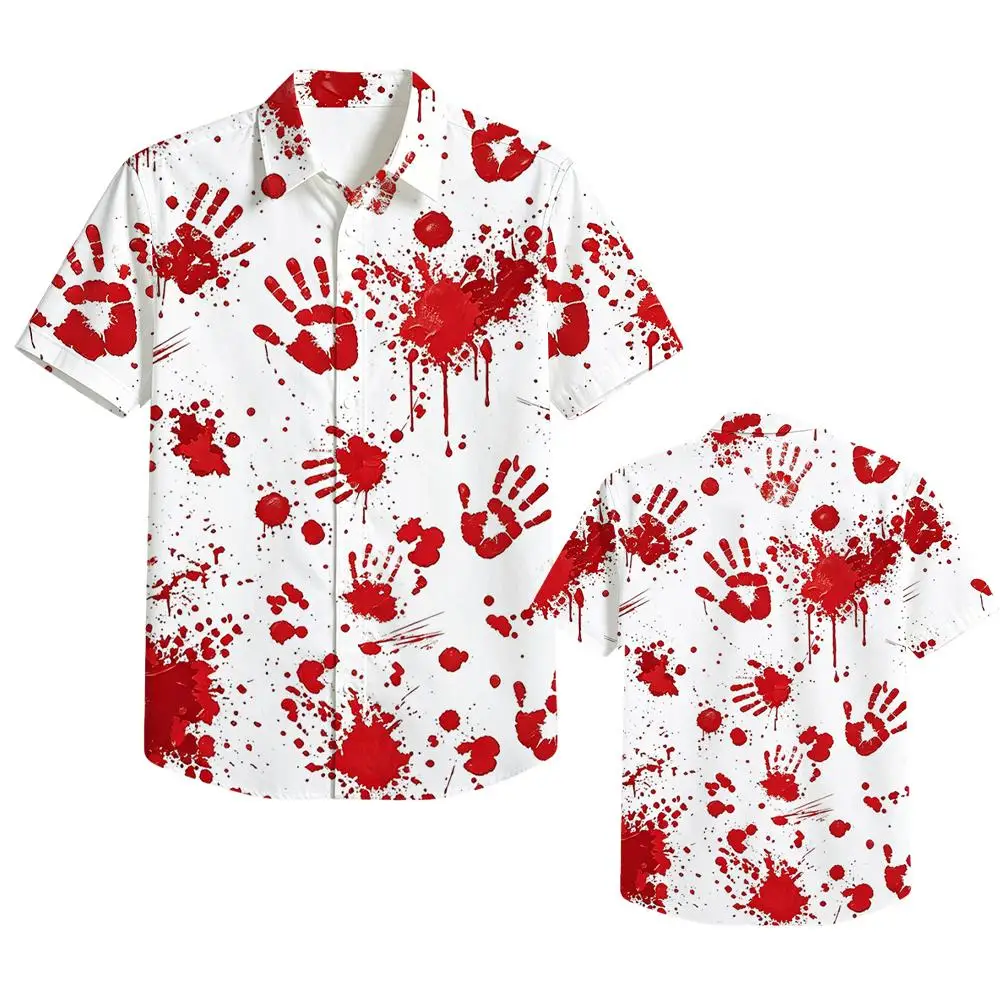 Men's Cotton Horror Shirt Halloween Hawaiian Shirt Loose Fit Short Sleeve Graphic 3D Print Button Up Casual Party Costume Top