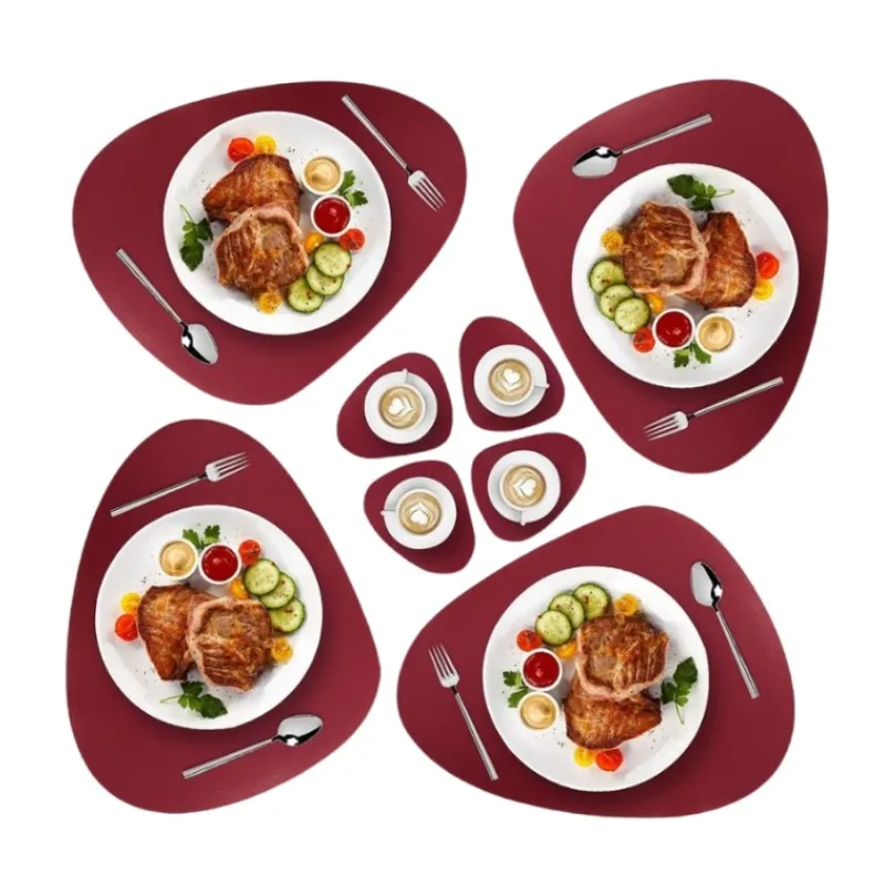 Inyahome Set of 4/10 Placemats And Coasters Red Burgundy Triangle Round Faux Leather Christmas Kitchen Dining Table Place Mats