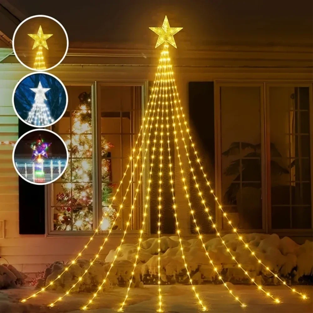 Christmas Waterfall Fairy String Lights con Topper Star, decorazioni per l'albero di natale per la casa 2024 Navidad Natal capodanno 2025