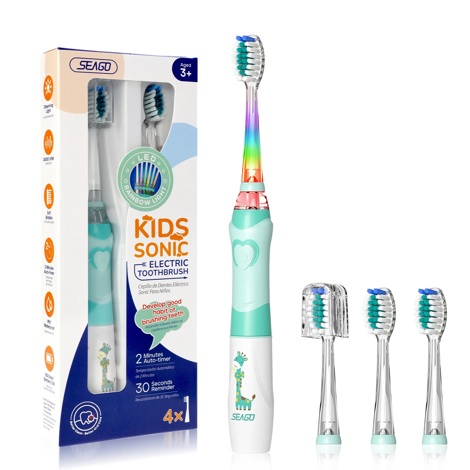 SEAGO Kids Sonic Electric Toothbrush Colorful LED Lighting Waterproof Soft Massage Teeth Care Oral Hygiene 1 PC