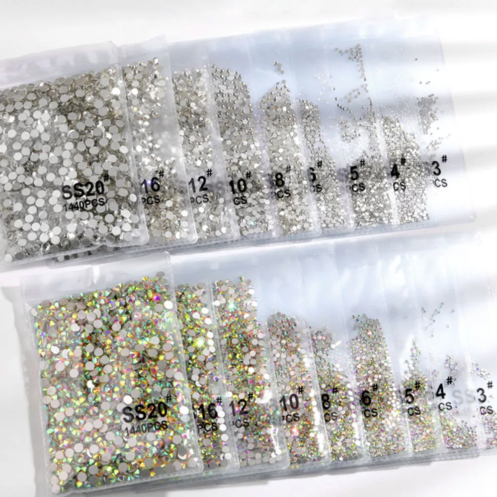 1440pcs Flat-bottom Clear White Nail Rhinestones AB Crystals 3D Nail Art Decorations 8 Sizes Nail Gems Stones Nail Accessories