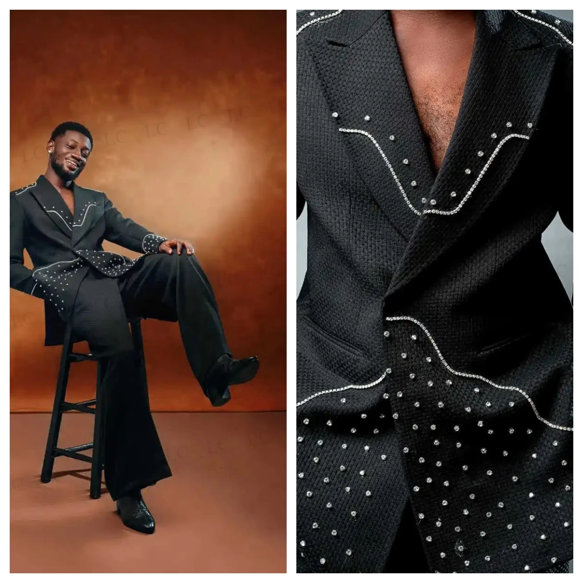 

Новый дизайн, комплект из 2-х предметов, блейзер, брюки, мужские костюмы с бриллиантами, одна пуговица, остроконечные бусины, смокинг, тонкий свадебный жених, выпускной, большие размеры, на заказ