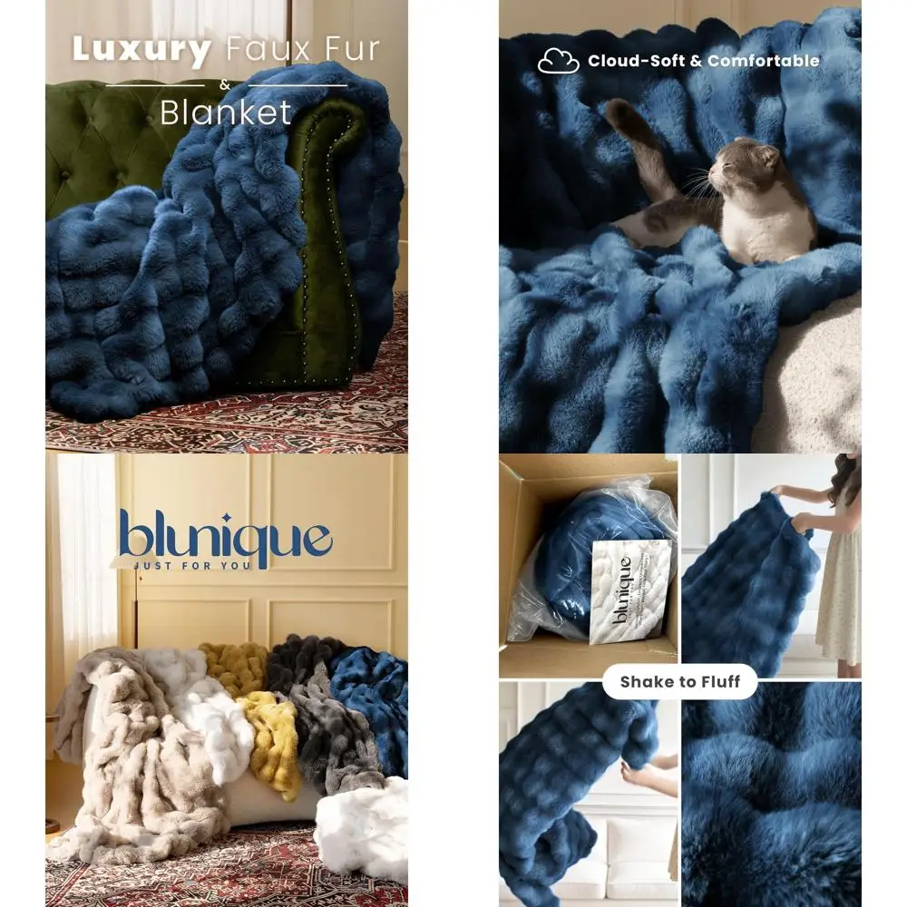 

Luxury Oversized Plush Faux Fur Blanket, 60x80, Ideal for Couch, Bed, Living Room, Blue