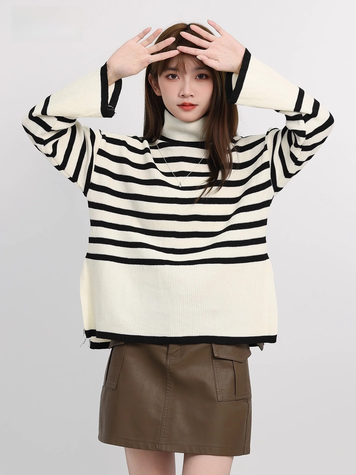 

Retro Striped High Collar Sweater Women's Autumn Winter New Sle Soft Loose Medium Length Knitted Top Commute Sle
