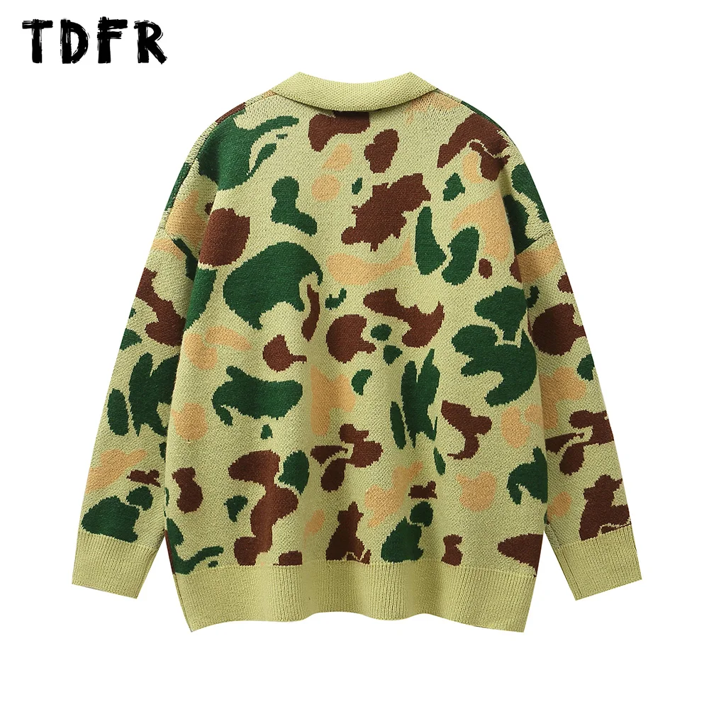 Camouflage Jacquard Sweater Mens Letter Autumn Winter Retro Streetwear Loose Long Sleeve Lapel Pullover Men