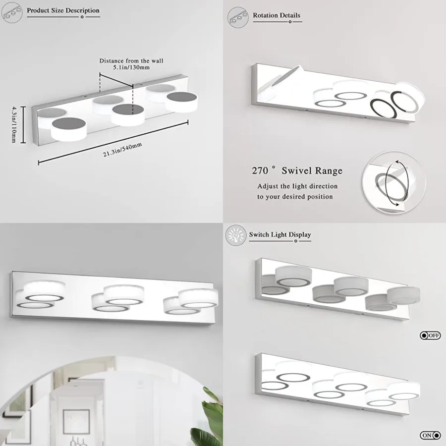 

3 Light Bathroom Vanity Light, Modern Chrome Bathroom Light Fixtures Over Mirror, Bath Lamps Wall Scone 18W LED Vanity Lights w