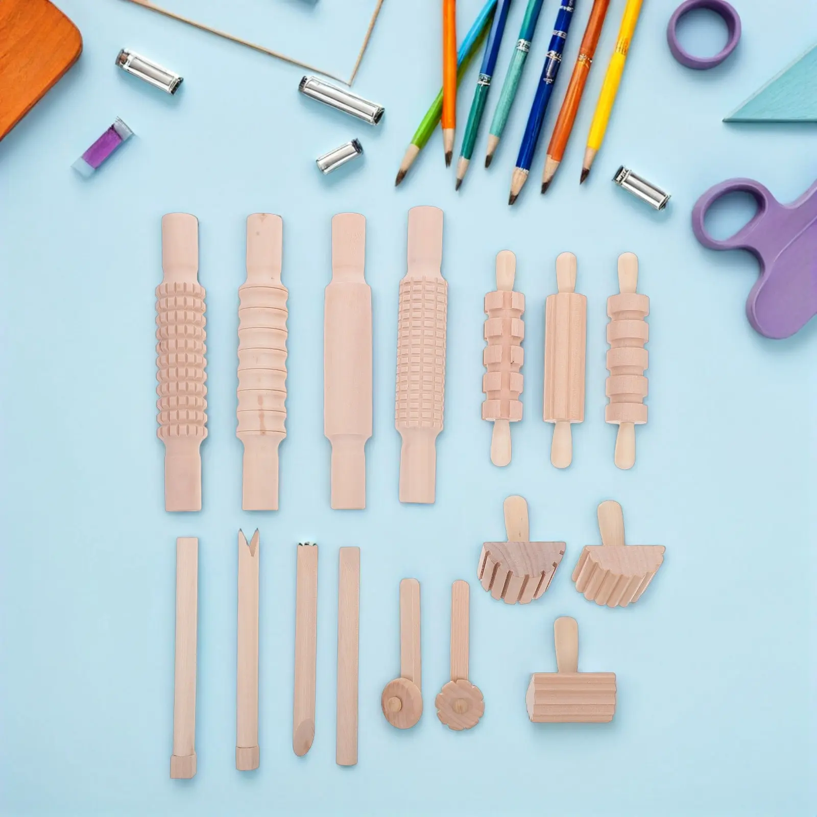 

1Set Clay Tool Kit Wooden Pottery Tools Dough Rolling Pins Stamps Air Dry Clay Modeling Craft Supplies Dough Tool Set