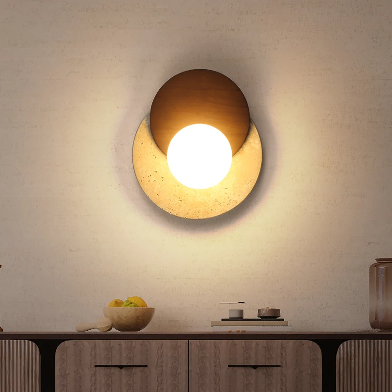 

Walnut wood coloTravertine Art Round Wall Lamps for Dining Room Hallway Led Lights Bedroom Background Designer Wood Wand Lamp G9