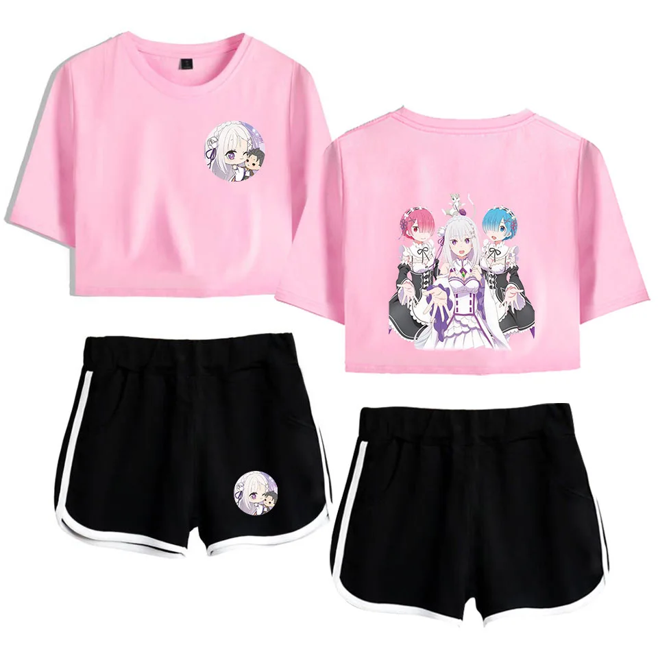 Youthful Re Zero Rem and Ram T-shirts shorts Pants Dew navel Sport Girls Short Sleeve Suits Girls Sexy Two Pieces sets