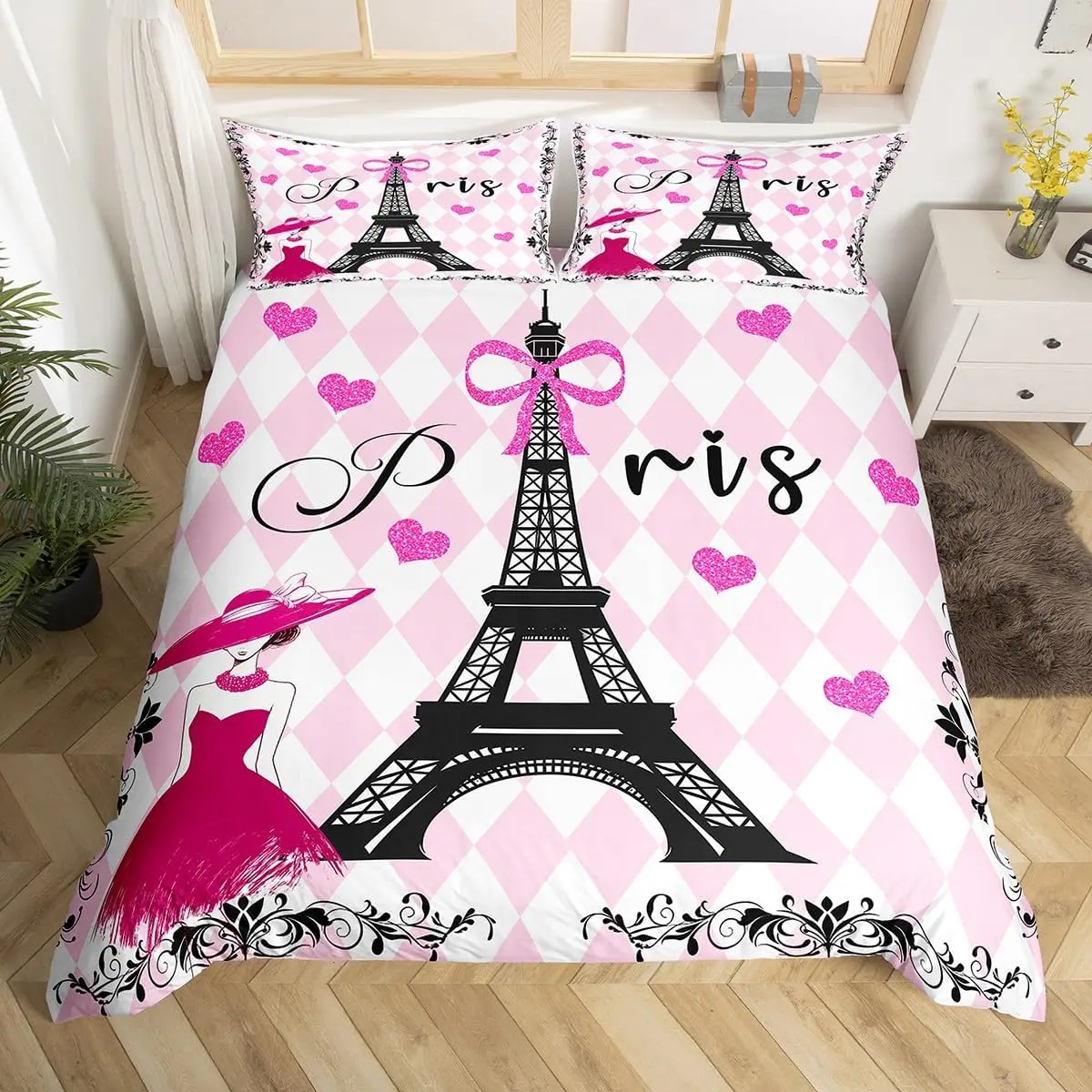 Girls Romantic Bedding Set King Full Paris Eiffel Tower Duvet Cover Microfiber British Style Love Heart Cartoon Comforter Cover