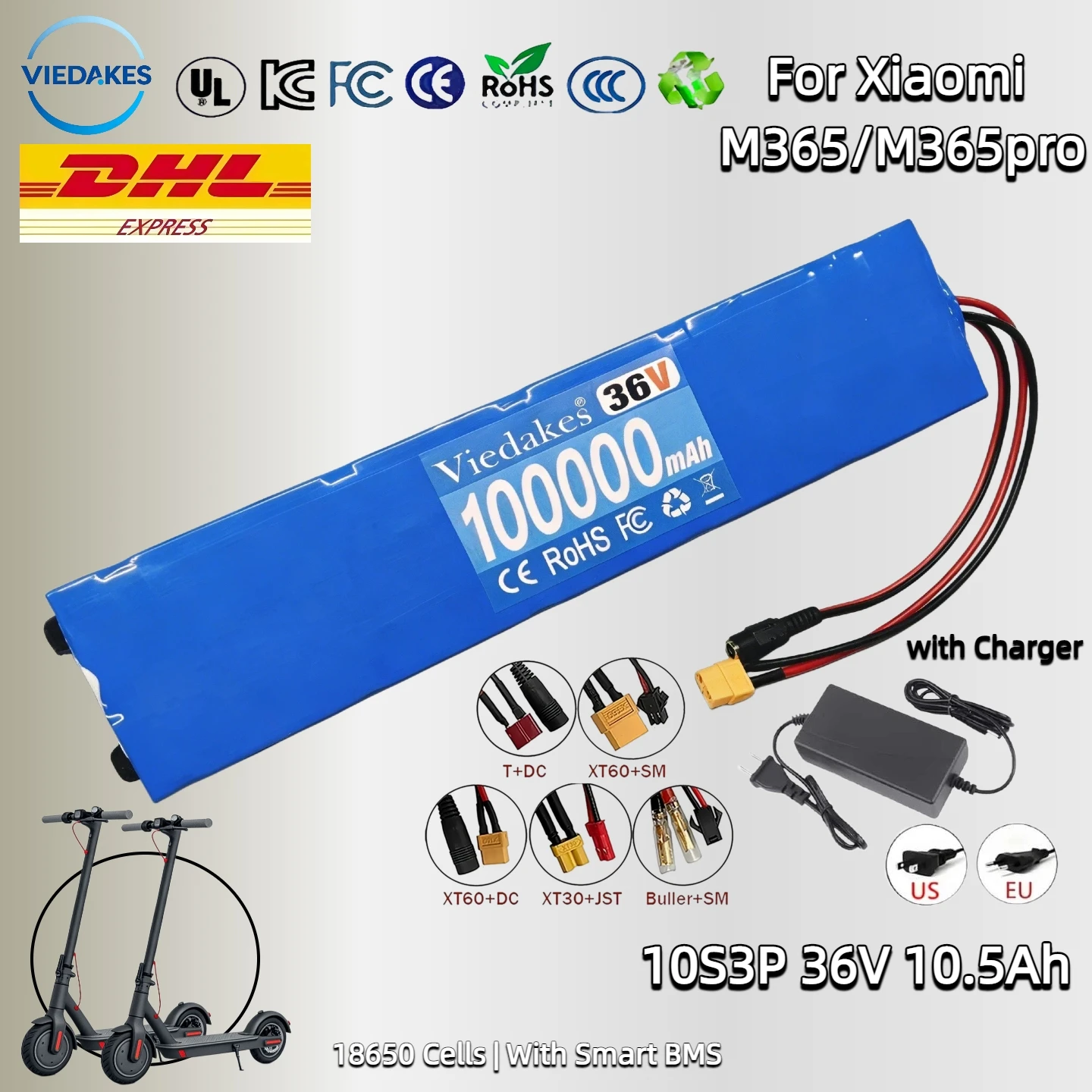 

10S3P 36V 10.5Ah Rechargeable Lithium Battery Pack 1000W Power Modified Electric Scooter with BMS XT60 JST+charger