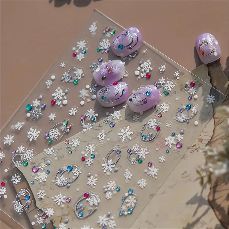 สติ๊กเกอร์ติดเล็บลายเกล็ดหิมะสีขาว 5D สำหรับคริสต์มาส 1 ชิ้น วงกลมสีทองเงิน พร้อมไฟเจลหลากสี สติ๊กเกอร์ติดเล็บวิบวับสำหรับทำเล็บช่วงเทศกาล