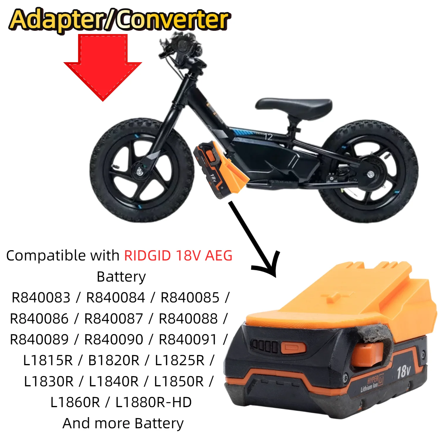 Battery Adapter/Converter for RIDGID 18V AEG Li-ion Battery Series To Stacyc 12eDRIVE /16eDRIVE 20V Max Electric Balance Bike