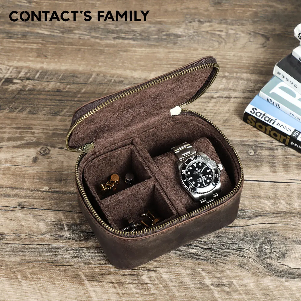 CONTACT\'S FAMILY Fashion Genuine Leather Travel Portable Watch Storage Box with Cufflinks or Jewellery Holder Display Organizer