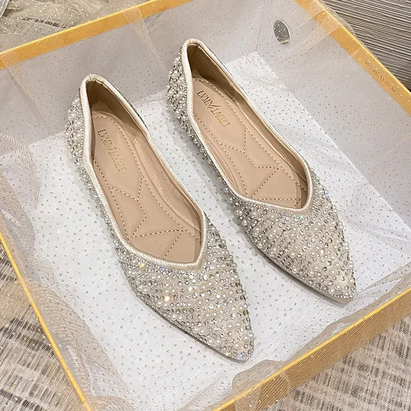 

Size 34-43 Womens Flat Single Shoes 2024 Summer European and American Full Crystal Shallow Mouth Pointed Elegant Ladies Shoes