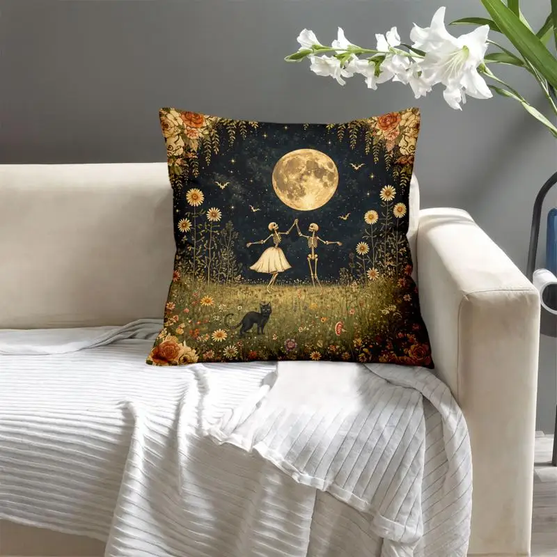 1pc Pillowcase, Halloween-Inspired Cushion Cover, Retro Style Design with Dancing Skeleton, Full, Starry Sky, Flower Field, Black Cat, And Bat Patterns, Exquisite Floral Scalloped Edge, Charming And Eerie Home Decor