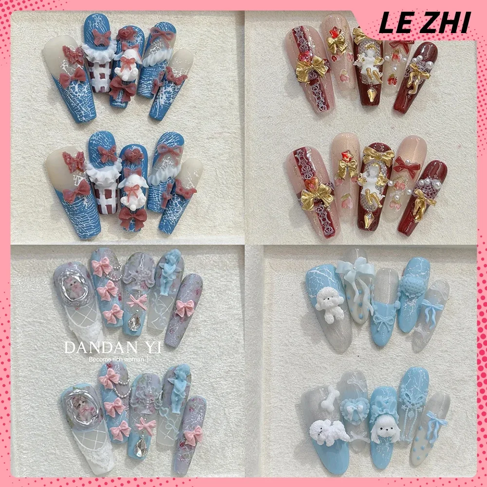

Sweet Cat Dog Bowknot Handmade Long Coffin Stiletto Press On Nails Snowflake Pearl Candle Diamond Flower Strawberry Fake Nails