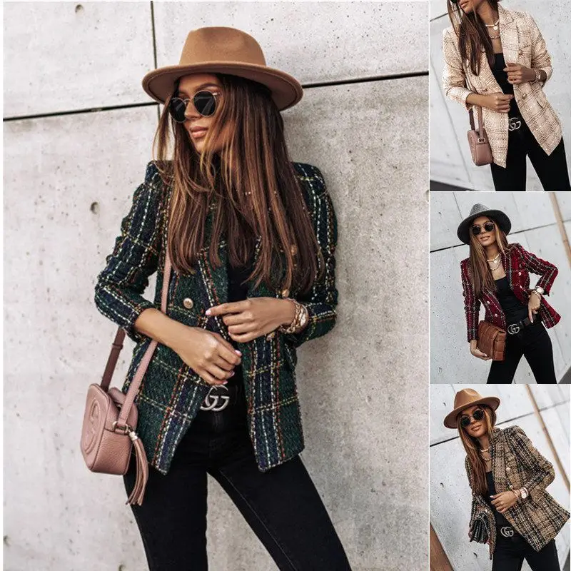 

Autumn Winter New Style Women's Printed Long Sleeve Double Breasted Suit Jacket Cross-Border Fashion Small Outerwear Top