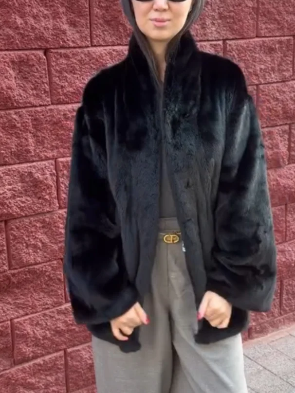 Womens Black Faux Fur Coat Long Sleeve Open Front Loose Fit Side Pocket Jacket Fall Winter Daily Streetwear Warm New Outerwear