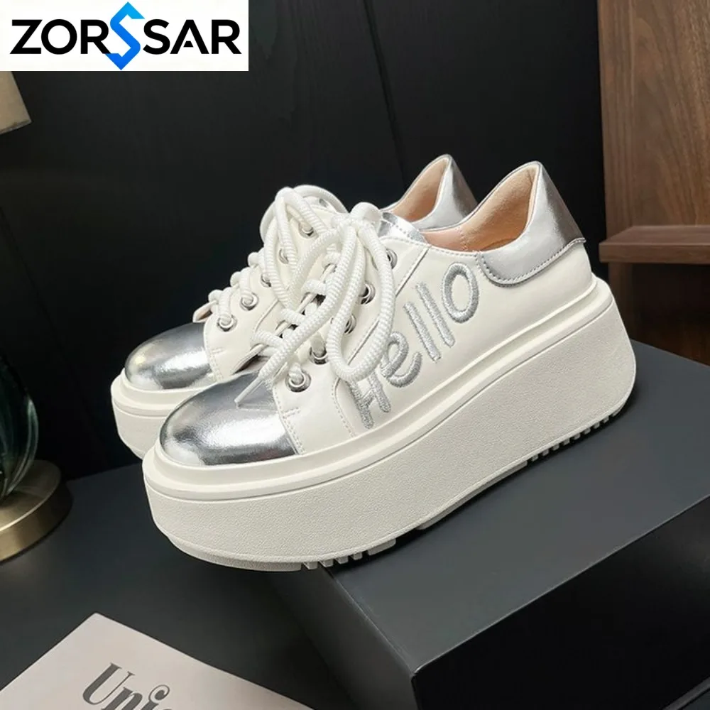 New 2027 Spring Women Leather Chunky Sneakers Loafers Nop-slip 7CM High Heels Platform Autumn Casual Walking Shoes Flats Woman